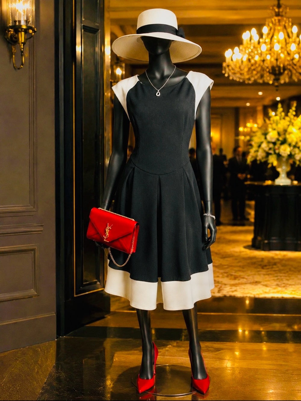 London Times Black and White Cap Sleeve Fit-and-Flare Midi Dress